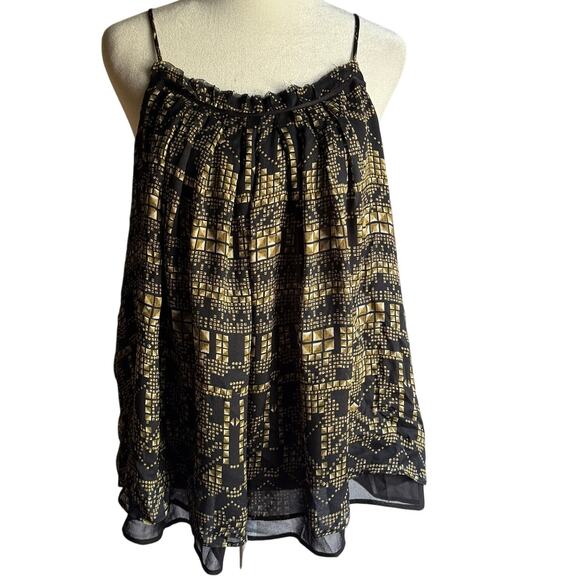 CALVIN RUCKER | Black and Gold Silk Double Layer Ruffle Neck Trapeze Tank Large - Picture 1 of 5